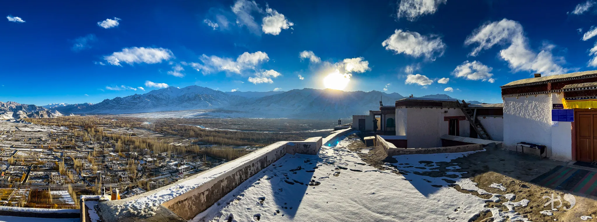 Ladakh winter courtyard ice shadow