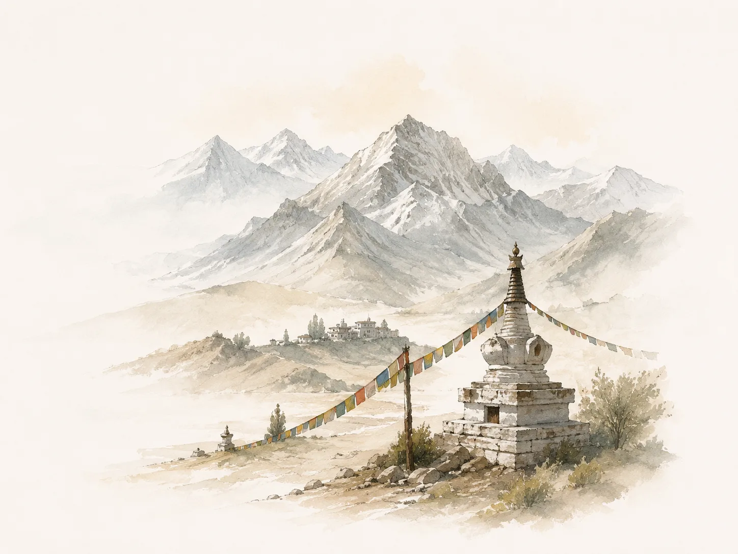 Minimal Ladakh stupa landscape illustration
